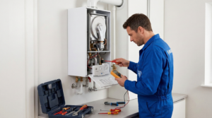 فني صيانة يصلح سخان جونكر داخل منزل العميل